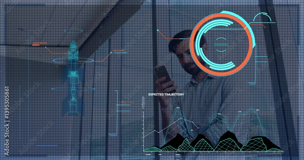 Poster using smartphone, man viewing animation of rocket launch data and graphs overlay