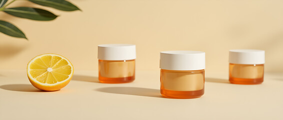 Minimalist skincare product display featuring jars and a lemon slice in warm, pastel tones. Illustration style.
