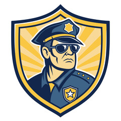 Create a bold vector illustration of a stern-faced police officer, emphasizing strong lines and dramatic shading.