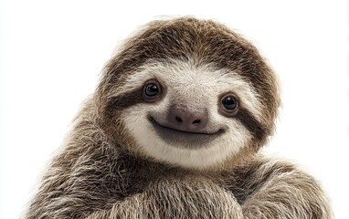 Smiling sloth with gentle expression, slightly raised brows, detailed fur, isolated on white background, relaxed and cute