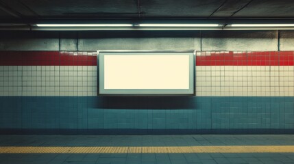 An empty subway platform tinted in muted colors, with an illuminated sign, suggests anticipation and waiting.