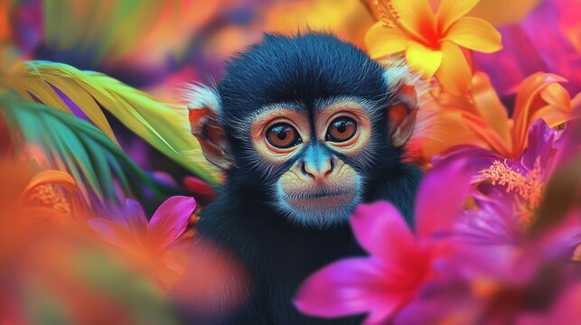 adorable baby monkey in vibrant tropical flowers