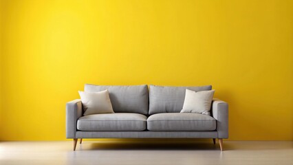 Fototapeta premium Modern gray couch against a vibrant yellow wall in a minimalist living room