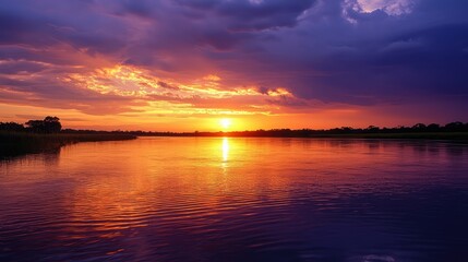 Obraz premium A tranquil sunset over the river in Anavilhanas National Park, with the sky ablaze with orange and purple hues, reflecting off the calm waters.