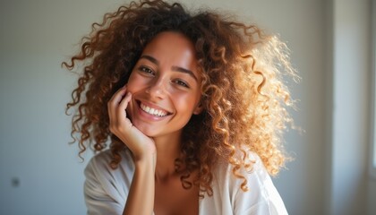 A joyful woman with voluminous curly hair beams with a bright smile, radiating positivity and warmth. Her expressive eyes and relaxed pose create an inviting atmosphere, perfect for capturing the