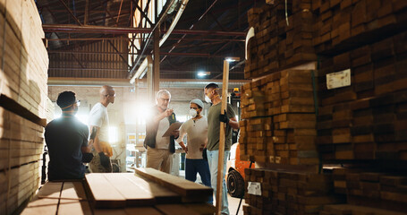 Carpenter, wood and team with people in warehouse for furniture production, collaboration and...