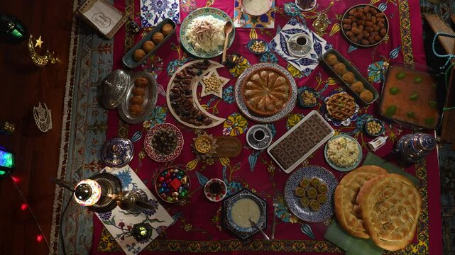 Ramadan Iftar Table Background Video, Muslim Family Having Dinner At Home, Iftar Table Turkish Traditional Food, Ramadan Background, Eid Mubarak Concept Video, Uskudar Istanbul, Turkiye (Turkey) 