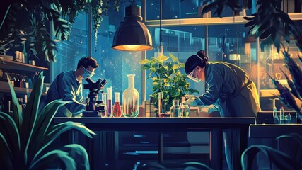 Scientists at work in a futuristic laboratory setting with plants.