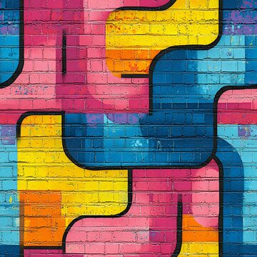Fototapeta Vibrant urban graffiti art seamlessly patterned on a brick wall background featu bold pink yellow and blue abstract shapes creating a dynamic and colorful texture perfect for