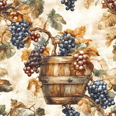 A rustic seamless pattern featu a wooden barrel overflowing with ripe red and blue grapes hanging from lush green grapevines against a vintage cream background ideal for