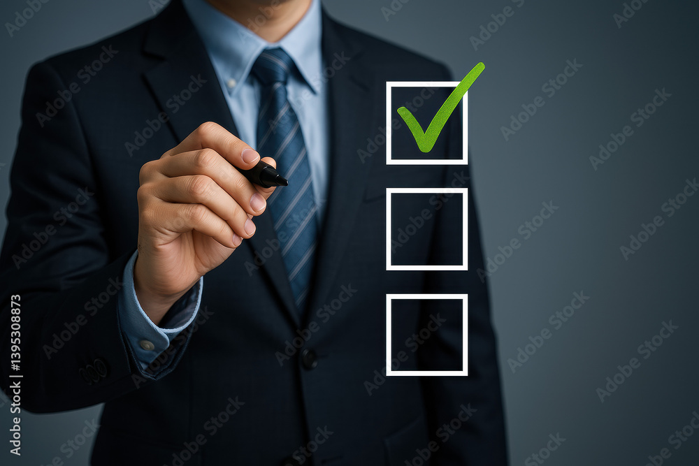 Poster businessman marking a checklist with a green check representing the document approval process secure