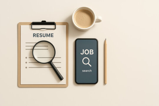 Resume job search coffee magnifying glass on a workspace symbolizing job search essentials