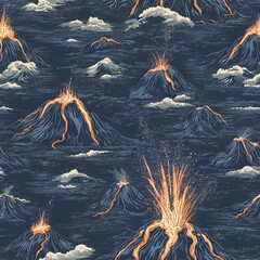 A dramatic seamless pattern featu a repeating design of erupting volcanoes and clouds set against a dark blue ocean backdrop ideal for textile prints and various design