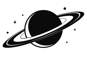 Ringed Planet, Black and White Graphic, Starry Sky, Celestial Body, Space Theme