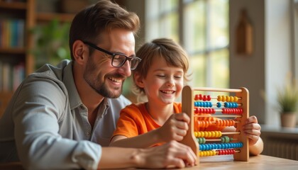 A cheerful father and his young son are engaged in a delightful learning moment with a vibrant abacus. Their smiles radiate warmth and connection, showcasing the joy of shared experiences and the