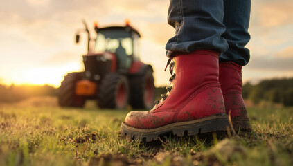 Farmer wearing red boots is standing in a field with a tractor in the background at sunset