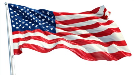 Obraz premium American flag waving on a flagpole against a white background.