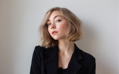 Obraz premium Portrait of a young woman with shoulder-length ash blonde hair and chic blazer, minimalist white backdrop, no hands