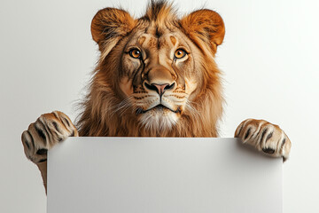 Lion cub holding a blank sign with its paws, showcasing its playful nature and curiosity. Perfect for animal lovers and wildlife enthusiasts. Animal concept. Blank form for copying space.