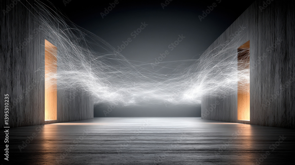 Poster robotic drones create luminous trails of abstract art in a dark exhibition space during an immersive