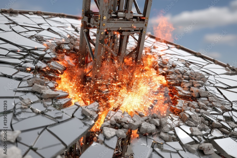 Poster destructive explosion on mirrored surface with flames and debris.