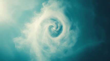 A mesmerizing spiraling cloud formation like a vortex in the sky, showcasing nature's power and ethereal beauty against a teal backdrop.