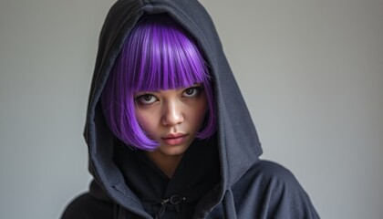 Naklejka premium A striking portrait of a girl with bold purple hair peeking out from under a black hoodie, exuding an air of mystery and confidence. Her intense gaze captivates the viewer, inviting curiosity about