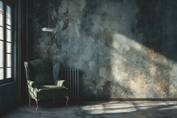 Green Armchair in Sunlight Against Distressed Wall and Radiator