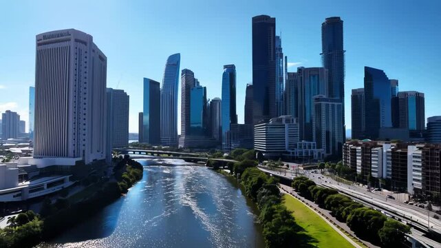 Enjoy a stunning view of Houston's skyline reflecting on the calm river. Lush greenery complements the modern architecture, creating a picturesque urban landscape under a blue sky