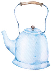 Cute Kettle cartoon.Tea pot painted with watercolor.Vintage style.