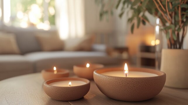 Four lit candles in terracotta bowls on a wooden table in a living room.