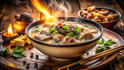 Fototapeta premium Savory pork and mushroom soup: a delicious recipe, beautifully photographed with long exposure.