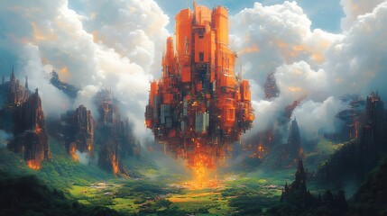 Fototapeta premium A floating city of orange hues rests amongst a landscape of weathered mountains.
