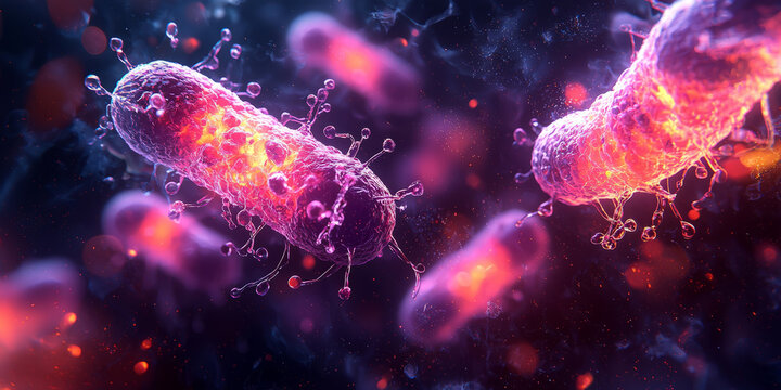 Microscopic view of bacteria and particles in a glowing liquid environment