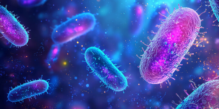 Microscopic view of bacteria and particles in a glowing liquid environment
