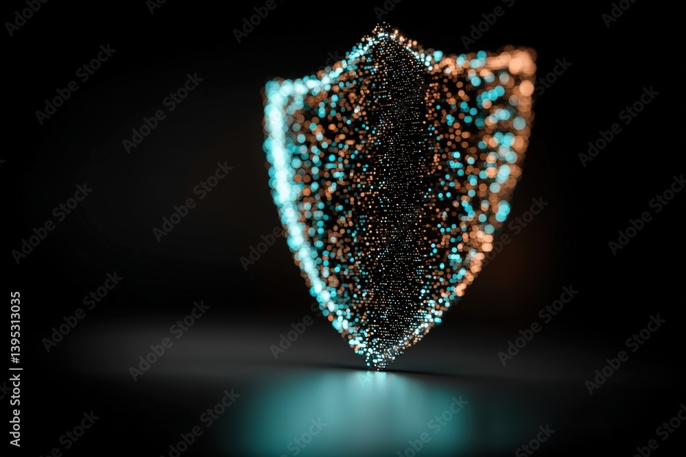 Poster 3d shield design with glowing particles on a dark background.