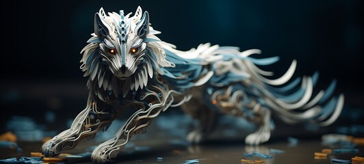 Paper quilling wolf griffin Nano Robot full body in a sea of diamonds, ai genrative