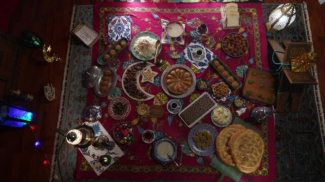 Ramadan Iftar Table Background Video, Muslim Family Having Dinner At Home, Iftar Table Turkish Traditional Food, Ramadan Background, Eid Mubarak Concept Video, Uskudar Istanbul, Turkiye (Turkey) 