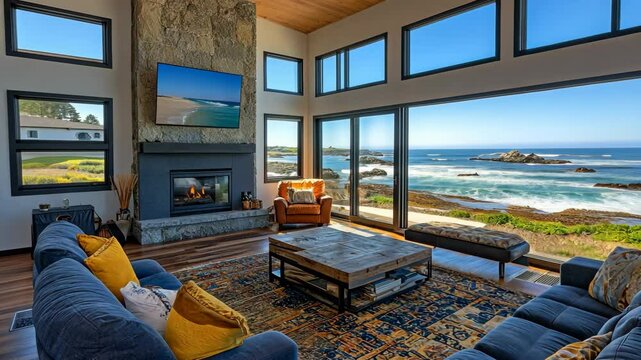 Modern living room with ocean view, fireplace, and large windows for relaxing and tranquil coastal living experience