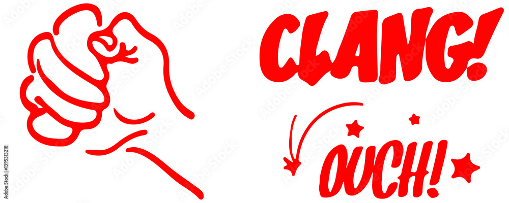 Fototapete dynamic comic art style png with 'clang!' and 'ouch!' text and punch icon- bold blue typography with