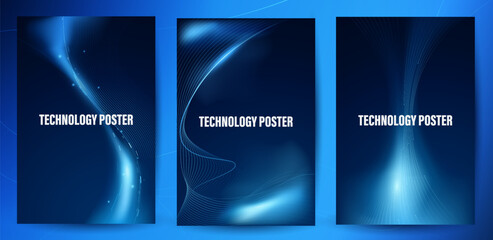 Fototapeta premium Tech poster set. Futuristic digital blue wave line. glowing lines innovation background for tech event poster or presentation product business