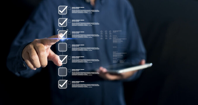 Business checklist with ticked form shows client choice, quality check, document mark, survey response, technology integration and questionnaire for success evaluation