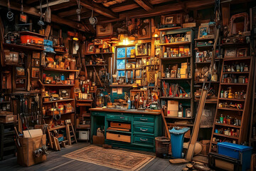 Fototapeta premium An organized workshop filled with tools and supplies inside a building