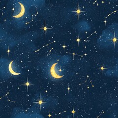 A celestial night sky seamless pattern featu golden zodiac constellations, shimme stars, and crescent moons on a deep blue background ideal for textile design and dreamy