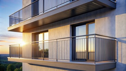 Fototapeta premium Modern apartment balcony with sunset view and metal railing