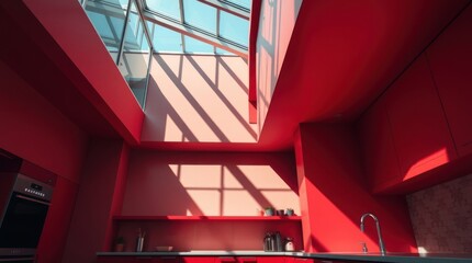 Bright red kitchen with skylight