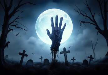 Ghostly moonlit hand rising from grave, dark trees and crosses, spooky Halloween horror ambiance, film reality style