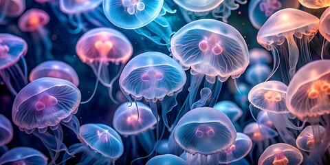 Stunning jellyfish cluster exhibiting intricate details and vibrant colors in a marine environment  jellyfish, underwater, marine, life, ocean, translucent, colors, tentacles, macro, e