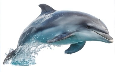 Fototapeta premium Smiling dolphin mid-leap, isolated white background, stylized studio rendering, joyful marine animal portrait