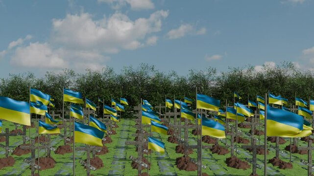 Cemetery of dead Ukrainians. The concept of Ukraine's war against Russia. 3D 4K animation